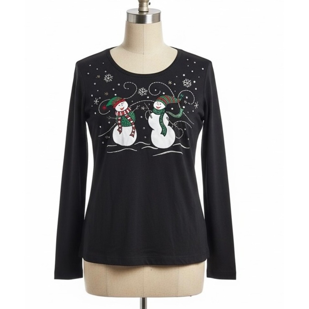 Sophia Jayne Snowman Christmas Top Black Long Sleeve Beaded Size Medium